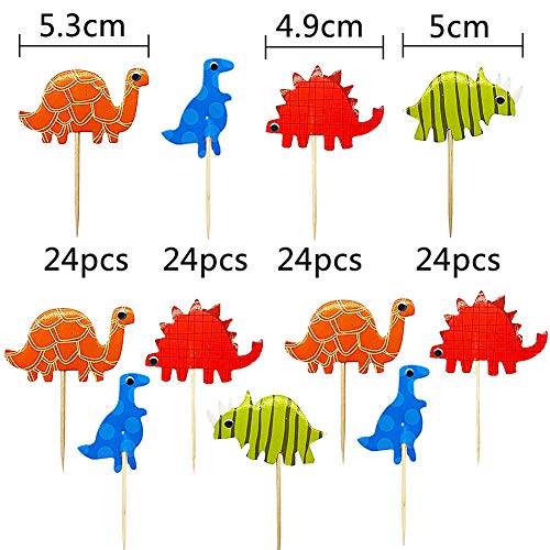 LLMZ Topper de Tarta 96 Piezas Dinosaurios Decoración de Topper Cupcake Palillos Toppers Pincho de Dinosaurio de Alimentos y Frutas para Decoración
