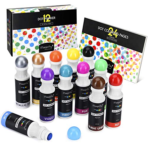Magicfly Dot Rotuladores Lavables 12 Colores, Marcadores con Punta de Esponja Redonda, Pintura Lavable para Niños, con Cuaderno de Dibujos