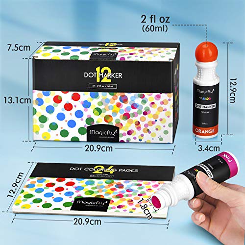 Magicfly Dot Rotuladores Lavables 12 Colores, Marcadores con Punta de Esponja Redonda, Pintura Lavable para Niños, con Cuaderno de Dibujos