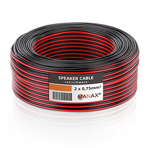 Manax – Cable de altavoz (2 x 0,75 mm²), CCA, Rojo/Negro, Rollo de 25 m