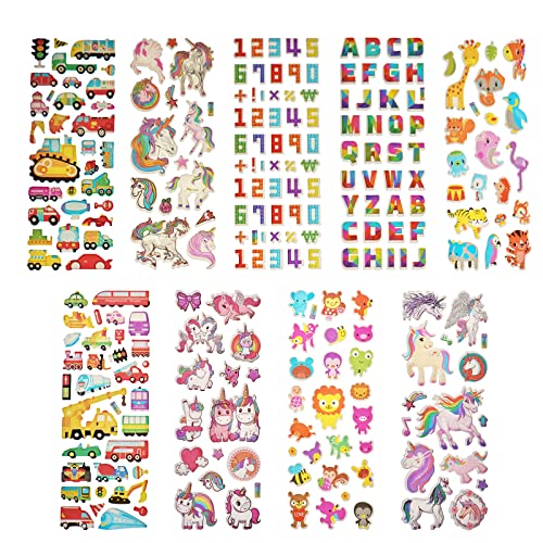 Más de 1000 pegatinas para niños, 36 hojas, pegatinas hinchables 3D para niños, pegatinas a granel para niñas y niños, álbumes de recortes, animales, coches, unicornio, alfabeto, números y dinosaurios