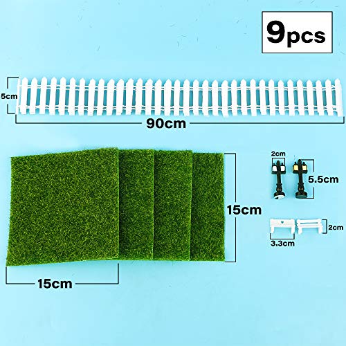 MEJOSER 90cm Mini Vallas Madera para Jardín + 4pcs Césped Artificial 2 Farolas 2 Bancos en Miniatura para Micro Paisajes Jardín en Miniatura