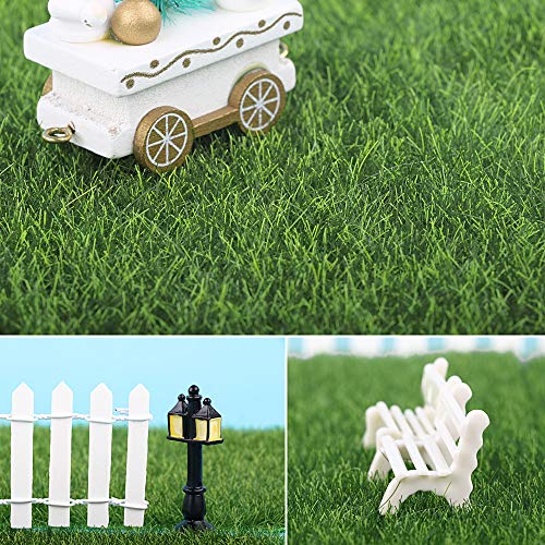 MEJOSER 90cm Mini Vallas Madera para Jardín + 4pcs Césped Artificial 2 Farolas 2 Bancos en Miniatura para Micro Paisajes Jardín en Miniatura