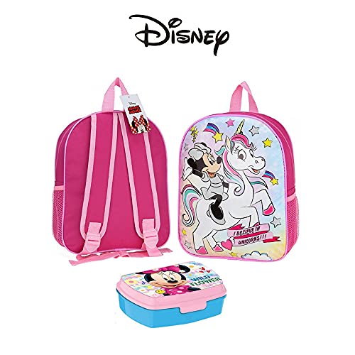 Mochila infantil y porta merienda Minnie Unicornio, pack especial vuelta al cole. Producto Oficial
