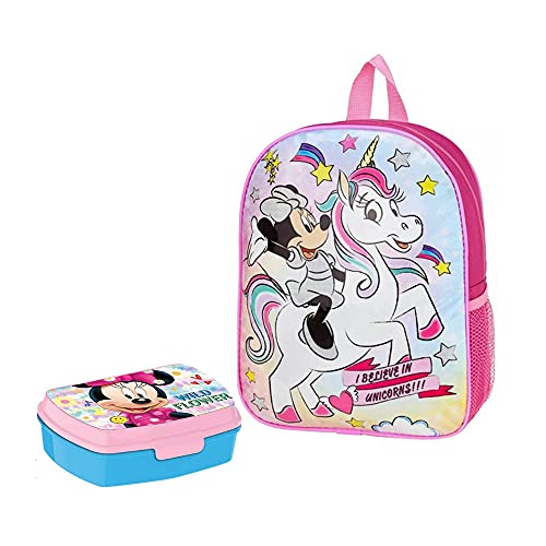 Mochila infantil y porta merienda Minnie Unicornio, pack especial vuelta al cole. Producto Oficial