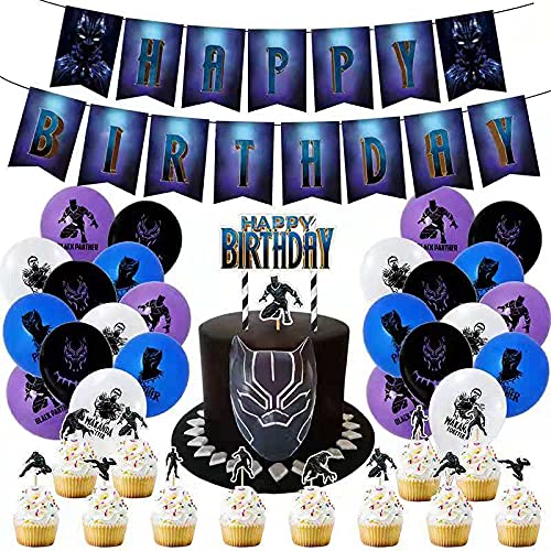 MONKEY BUSINESS | Set Decoración Fiesta Cumpleaños Heroe Pantera 32 pcs | Globos Azul Negro Morado Blanco | Guirnalda | Adornos Cupcakes | Temática superheroe