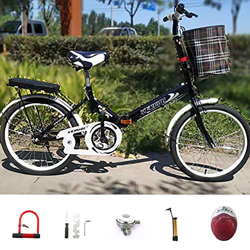 Mujeres Viajero Bicicleta Plegable,Altura Ajustable Bicicleta De Confort Para Los Jinetes Principiantes,Con Cesta Y Asiento Trasero,Con Frenos Delanteros Y Traseros,Velocidad única Bicicleta-Negro 20i