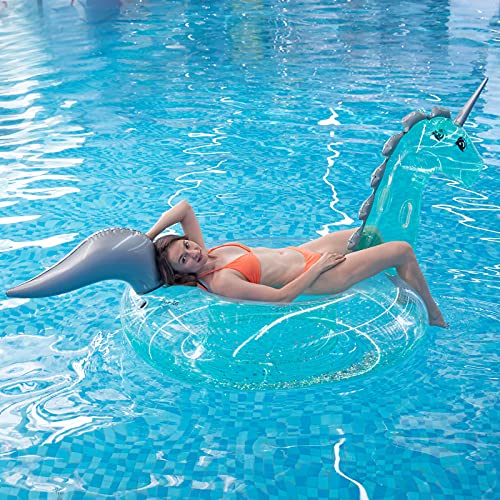 Myir Flotador Inflable del Unicornio Transparente, Gigante Colchoneta Hinchable con Lentejuelas para Piscina Hinchables Juguete Adultos Niños Agua Fiesta Natación (Unicornio Transparente)