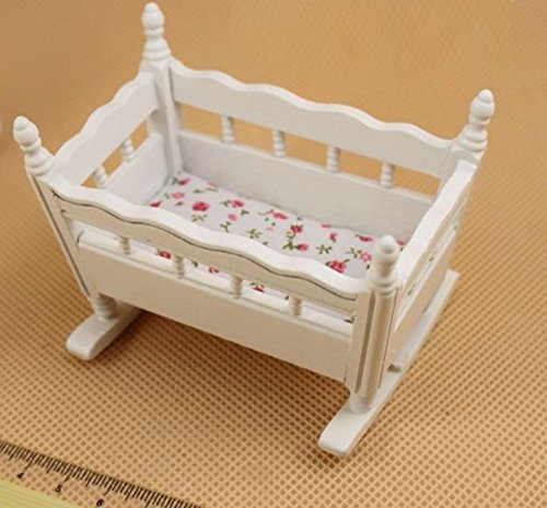 Nalmatoionme 1/12 casa de muñecas en miniatura cuna de madera para bebé cuna (blanco)
