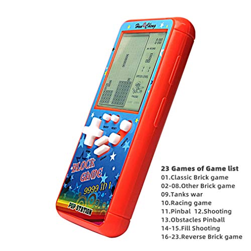 Nueva carcasa de color pantalla grande consola de juegos de ladrillo retro cuerpo pequeño pantalla grande incorporada 23 juegos con 2 pilas AA (no incluidas) viajes al aire libre interiores (Naranja)