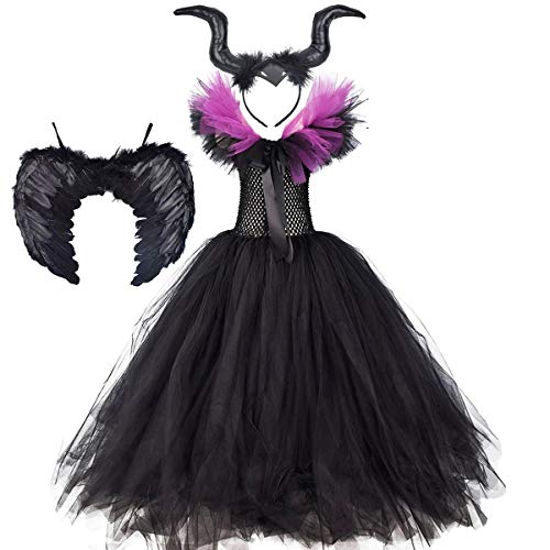 OBEEII Disfraz maléfico para niña de Halloween Carnaval Tutu vestido de diadema + alas Sleeping Beauty Halloween Navidad disfraz infantil, #Violett01, 9-12 Años