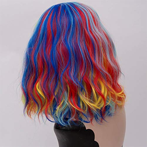 Pelucas Cosplay peluca para mujeres negro blanco verde púrpura púrpura costura gradiente arco iris colorido peluca rizado corto pelo sintético Peluca mujer ( Color : 1 , Stretched Length : 14inches )