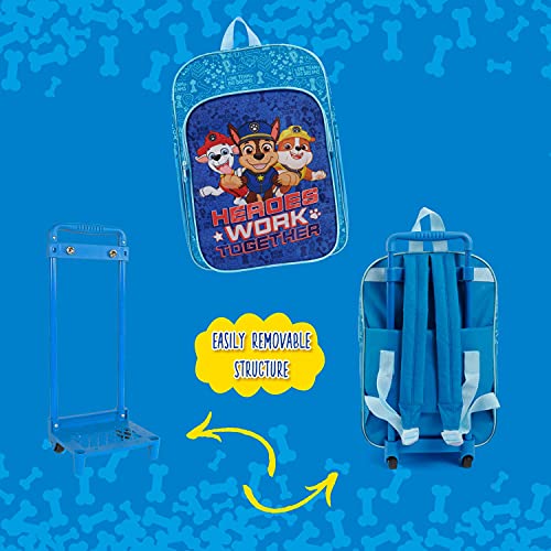 PERLETTI Mochila con Ruedas Paw Patrol para Niños - Bolsa Escolar Niño Estampa Chase Marshall Rubble con Ruedas Desmontables - Mochila Trolley Chicos Guardería Viajes Tiempo Libre - 36x24x12 cm