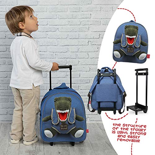 PERLETTI Mochila Trolley Infantil con Dinosaurio de Peluche - Bolsa con Ruedas y Muñeco Trex Niños Niñas 3 4 5 Años - Pequeño Bolso Escolar Escuela Guardería Viaje - 29x33x11 cm (Dinosaurio)