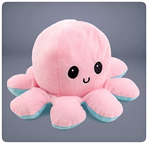 PRECORN Pulpo de peluche reversible de doble cara según el estado de ánimo en rosa/azul, peluche de pulpo de peluche reversible de 20 cm