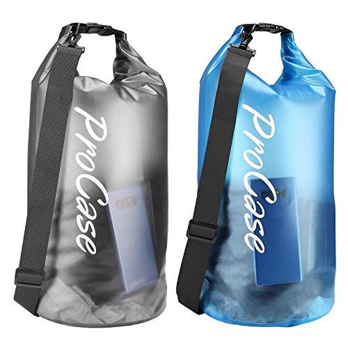 Procase 2 uds. Bolsa Estanca Translúcida 20L, Mochila Impermeable Transparente para Playa, Canoa, Kayak, Canotaje, Buceo, Náutica, Acampada Actividades Acuáticas -Negro/Azul