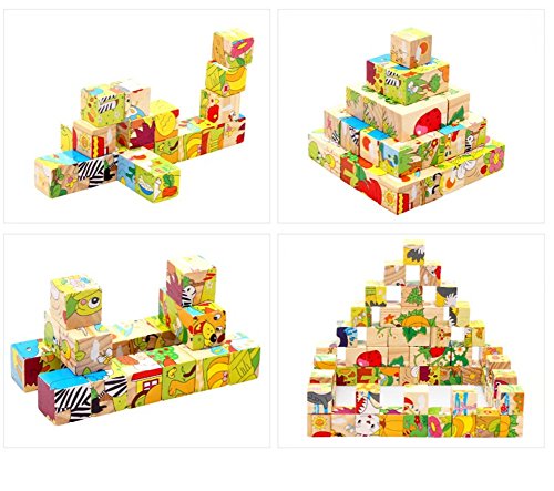 PROW® Bloques de Madera 16 Piezas de Rompecabezas 6 hexaedro Animales Incluyendo Vacas ovejas Cabra de Conejo Caballo Tiger Juguete Seguro y Bloques de construcción no tóxicos para los niños pequeños