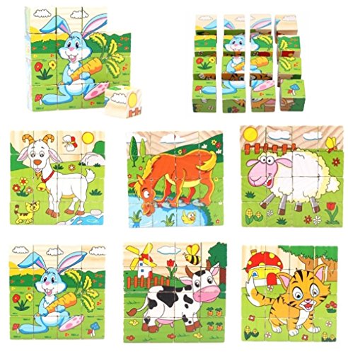PROW® Bloques de Madera 16 Piezas de Rompecabezas 6 hexaedro Animales Incluyendo Vacas ovejas Cabra de Conejo Caballo Tiger Juguete Seguro y Bloques de construcción no tóxicos para los niños pequeños