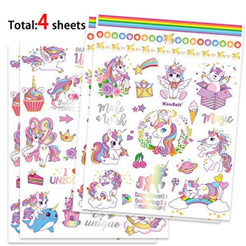 Qpout Tatuajes temporales para niños, tatuajes de unicornio purpurina para cumpleaños niños niñas niños accesorios de fiesta bolsa de regalo rellenos rellenos de fiesta disfraz de Halloween