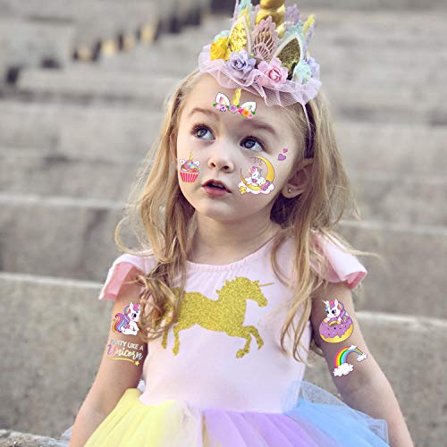 Qpout Tatuajes temporales para niños, tatuajes de unicornio purpurina para cumpleaños niños niñas niños accesorios de fiesta bolsa de regalo rellenos rellenos de fiesta disfraz de Halloween