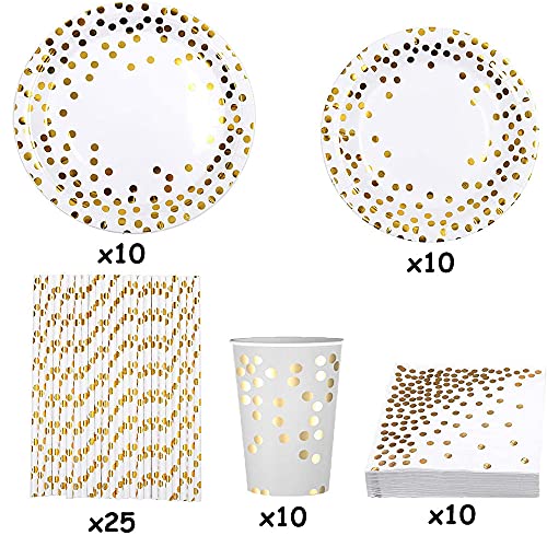 Ritte 65 Piezas Vajilla De Fiesta, Vajilla De Fiesta De Oro, Vajilla de Fiesta de Cumpleaños, Vajilla De Fiesta De Lunares De Oro para Fiestas, Bodas, Aniversarios, Cumpleaños (10 Invitados)