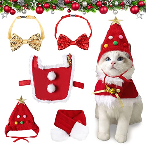 Ropa para Mascotas Navidad, Taumie 5 Piezas Disfraz Perro Gato de Navidad, Traje de Navidad para Perro Gatos, Pet Santa Suit con Ajustable Sombrero y Bufanda, Capa de Navidad, Pajarita