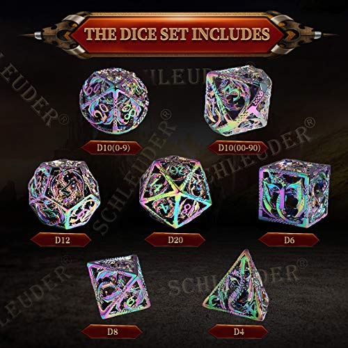 Schleuder D&D Dados Dungeons and Dragons Juegos de rol, Dados de Metal RPG PoliéDricos Hueco Metal Forma de Dragón Dice Set, para Dragones y Mazmorras Juego de Mesa (Multicolor)