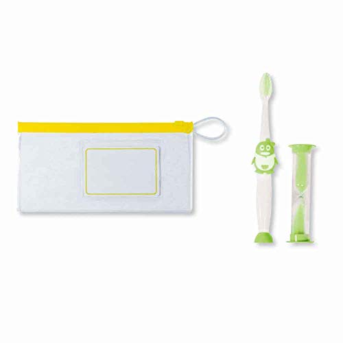 Set cepillo de dientes infantil con neceser y reloj de arena, presentado en bolsa celofán, lazo a tono y tarjeta personalizada. Lote de 10 unidades.