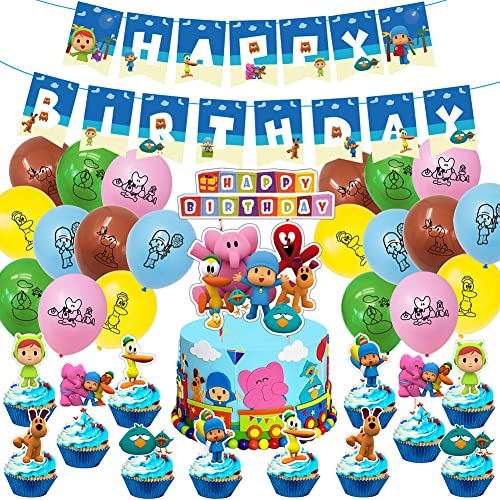 Set de Fiesta de Cumpleaños de Niños, 48 Piezas Decoración de Fiesta de Pocoyo Globos de Latex Pocoyo Pancartas Cumpleaños Adornos de Pastel para Niños Decoraciones de Cumpleaños