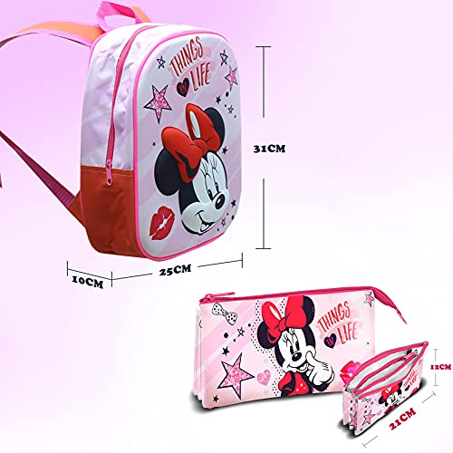 SKYLINE Set Mochila Infantil 3D y Estuche Escolar, Minnie, Mochila Escolar, 25x31x10 CM, Mochila Poliéster + EVA, Material Escolar Vuelta al Cole, Ideal para Niños