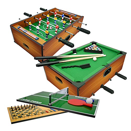 Sport One Futbolín y Billar de Apoyo. Juego de Mesa 6 en 1. Futbolín de 51 x 31 x 16 cm. Tarjeta de casa con Juegos de Mesa: Ping Pong, ajedrez, Dama, Backgammon. Idea de Regalo, Madera, (706200411)