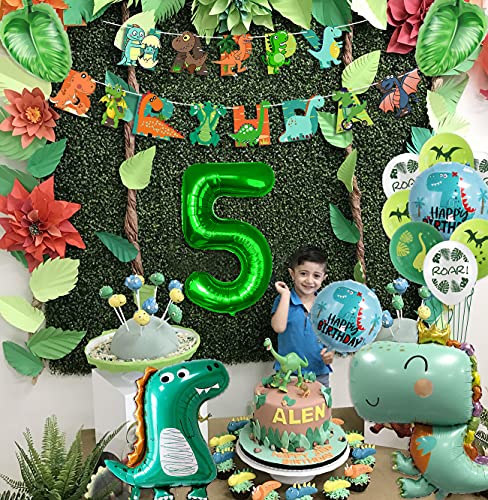 Suministros de fiesta de dinosaurios pancarta de feliz cumpleaños, globos temáticos de dinosaurios y globos de hojas de palma, juego de decoraciones para fiesta de cumpleaños de dinosaurios (3)