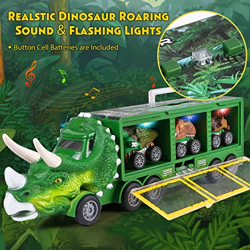 Tacobear Camión Dinosaurios Juguetes con Luces y Sonidos Camión de Transporte con Coches de Juguetes Pequeños Figuras Dinosaurios Camion Juguete Regalo para Niños Niñas 3 4 5 6 Años (Verde)