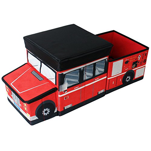 TE-Trend Plegable Coche de Bomberos Caja de Almacenaje Ordnungsbox Caja de Juego Niños Chicos de Taburete Taburete Tapa Rojo Multicolor