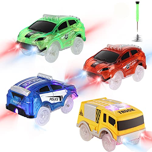 Track cars, Solo repuesto para autos de pistas mágicas que brillan en la oscuridad, compatible con la mayoría de pistas de coche para niños y niñas (paquete de 4)