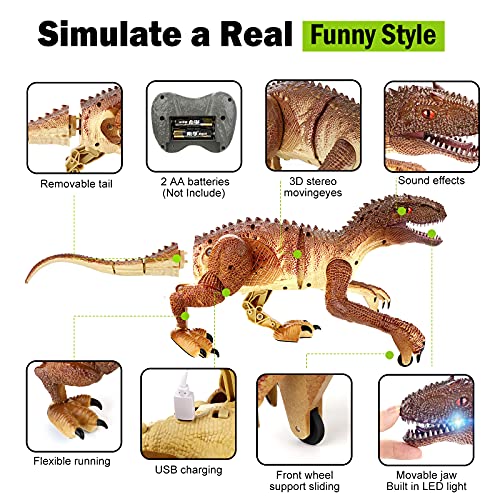 URBZUE Juguete de Dinosaurio Teledirigido, Tiranosaurio Rex, Dinosaurio Juguetes Que Camina y Ruge, con Batería Recargable, Luz y Sonido LED, Regalos para Niños y Niñas (Modelo 3701-2A)
