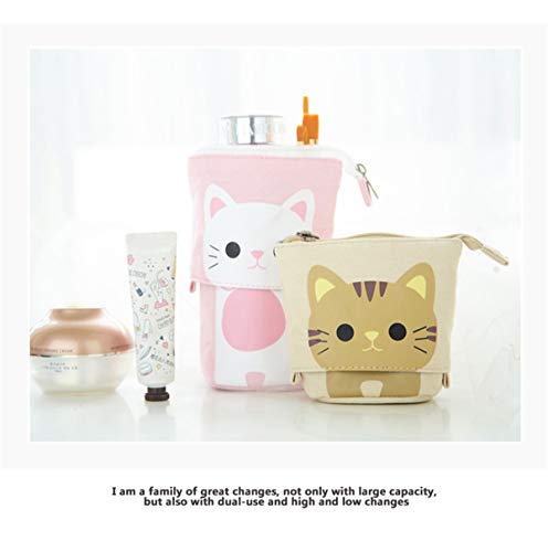 Vanornia Bolso de Lápiz Flexible Soporte Telescópico Estuche de Lona con Cremallera Dibujos Animados Lindos Multifunción para Estudiantes Escolares Niños Niños (Gato marrón, 17cm*12cm)
