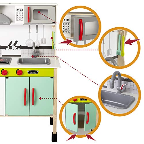 WOOMAX - Cocina juguete de madera con accesorios, utensilios de cocina, por niños 3 años, juguete Luz y Sonidos, juguete moderna, color verde