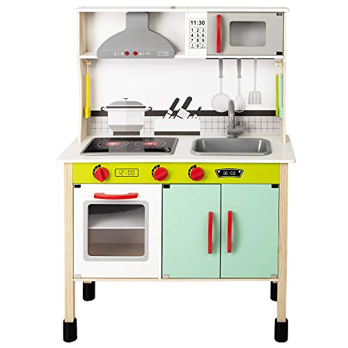 WOOMAX - Cocina juguete de madera con accesorios, utensilios de cocina, por niños 3 años, juguete Luz y Sonidos, juguete moderna, color verde