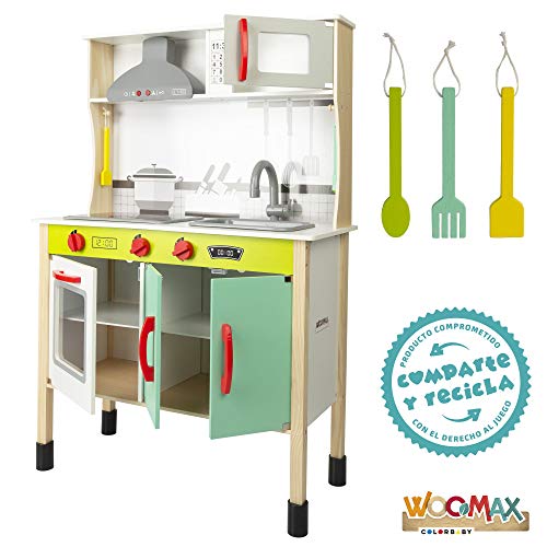 WOOMAX - Cocina juguete de madera con accesorios, utensilios de cocina, por niños 3 años, juguete Luz y Sonidos, juguete moderna, color verde
