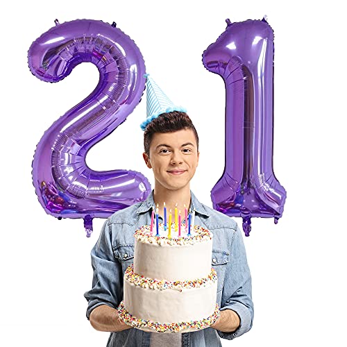 Xihuimay Globos numéricos 21 globos de helio de 101,6 cm, globos digitales de alfabeto de 21 cumpleaños, globos de helio, globos grandes para fiestas de bodas despedidas de soltera, morado número 21