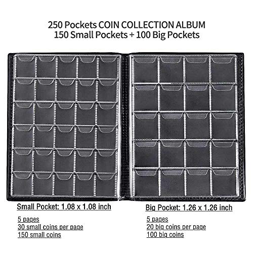 YChoice365 250 Bolsillos Tío Paul Colección de Monedas Álbum Porta Monedas Libro Negro Álbum de Almacenamiento de Monedas Dinero Penny Pocket para Coleccionistas