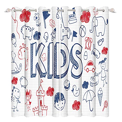YongFoto 117x229cm Dibujos Animados Patrón Cortinas Opacas Niños Imprimir Animal Castillo Juguete Despertador Lindo Nube Roja por Sala Dormitorio Infantil Cortinas de Ventana, 2 Paneles con Agujeros