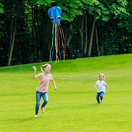 ZERHOK 2 Piezas Cometas de Pulpo Cometa Grande para Niños Cometa Infantil Arcoiris Fácil de Volar para Actividades al Aire Libre Viaje Playa Adultos Chicos Niñas(Azul)