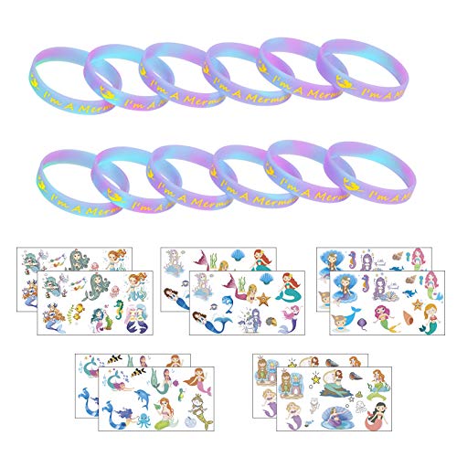 ZERHOK Brazalete Silicona, Pulsera Sirena,12pcs,de Silicona,Colorido, con 10pcs etiquta de Sirena,Regalo de Fiesta de niños,Brazalete Sirenita Deporte