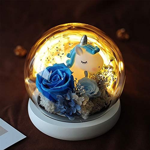 ZHUZEwei La Bella y la Bestia Inmortal Flor Unicorn Rose Bola de Cristal Elk Conveniente for los Regalos (Color : Blue Unicorn)