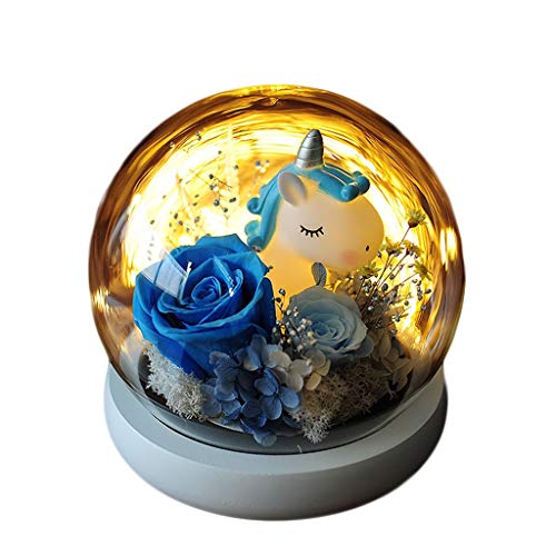 ZHUZEwei La Bella y la Bestia Inmortal Flor Unicorn Rose Bola de Cristal Elk Conveniente for los Regalos (Color : Blue Unicorn)