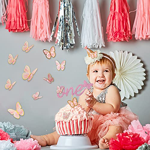 1 Set de Topper de Pastel de Cumpleaños One Topper de Rosa Dorado Adorno de Tarta de Mariposa con Purpurina para Fiesta de Primer Cumpleaños Baby Shower