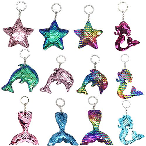 12 Piezas Llavero de Sirena,Llavero de Lentejuelas Flip , Llavero de Sirena Lentejuelas , Caras Reversibles en Forma de Sirena Estrella Delfín, Accesorios Decoración ,Fiestas Cumpleaños de Niños