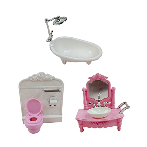 16MG Juego de casa de muñecas, accesorios para casa de muñecas, muebles en miniatura, bañera, tocador, realista, rosa, blanco, interactivo, juguete de decoración